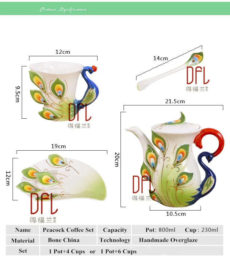 Цвет Эмаль Павлин Кофе чайник Кружки Наборы для ухода за кожей Творческий костяного фарфора Чай молока чашку Европейский caneca к criativa де porcelana