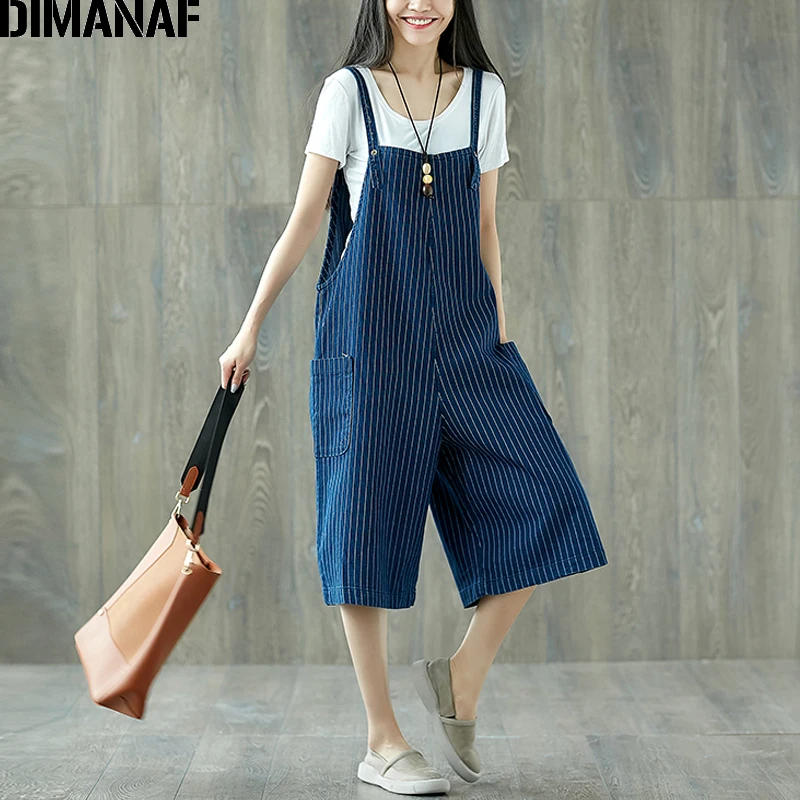 

DIMANAF Women Jumpsuits Plus Size Wide Legs Jeans Pants Striped Denim Blue Loose Summer 2018 Oversized Female Large Big Trousers