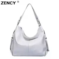 ZENCY 100% Genuine Leather Women Handbag First Layer Cow Leather Long Handle Shoulder Bag Satchel White Silver Gray Pink Bags