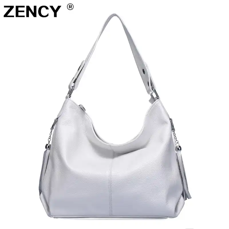 ZENCY, 100% натуральная коровья кожа, женская сумка, первый слой, Воловья кожа, длинная ручка, сумка на плечо, ранец, белые, серебристые, серые, розовые сумки - изображение