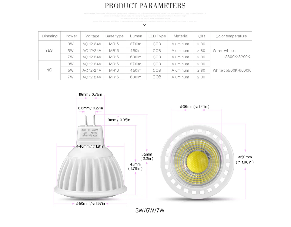 GU10 Светодиодный светильник 110V 220V 3W 5W 7W MR16 Светодиодный DC/AC 12 V-24 V с регулируемой яркостью COB Светодиодный точечный светильник из алюминия AC85V-265V GU5.3 точечный светильник