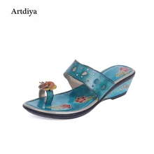 2017 Summer Vintage Women Shoes Flower Wedges Heels Sandals Genuine Leather Cut-Outs Medium Heels Women Slippers XDY-3