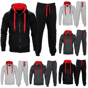 

Casual Mens Tracksuit Set 2018 New Autumn Winter Contrast Color Jogging Sport Sweatsuit Hoodie Coat Top Trousers Pant Bottom Set