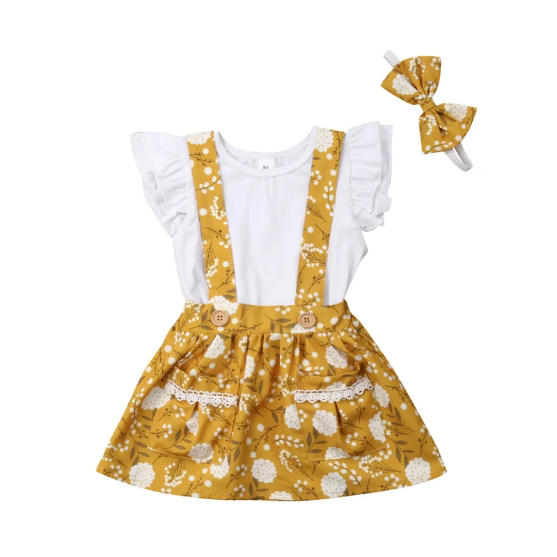 

2019 New Girl Children's Clothing Round Neck Flying Sleeves Shirt Floral Strap Dress Three-piece Suit Baby Girl Clothes kids