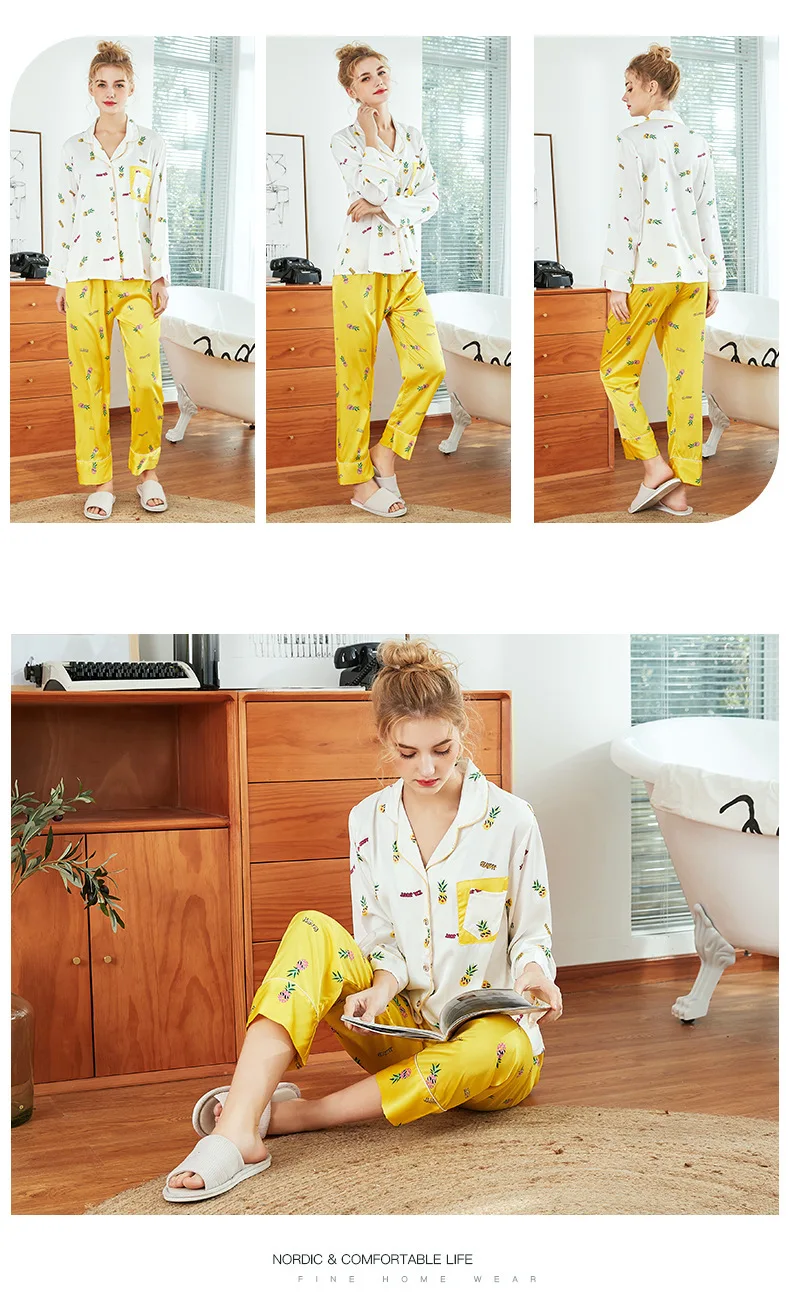 Roupas de Decoração para Casa Terno de Papel Padrão Imitar Seda Real Senhora Pijamas Novos Produtos Primavera Verão Mangas Compridas Dois Tz1059 18 High Quality Pijamas e Moda Íntima