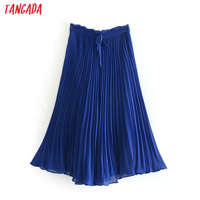 

Tangada women chiffon blue wide leg pants elastic waist pockets ankle length trousers pleated female pantalones CE145