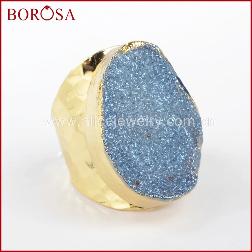 BOROSA Горячая и новая Drusy кольца, золото цвет Овальный натуральный Агаты Титан Радужная Друза кольцо драгоценные камни для женщин ювелирные изделия G0890