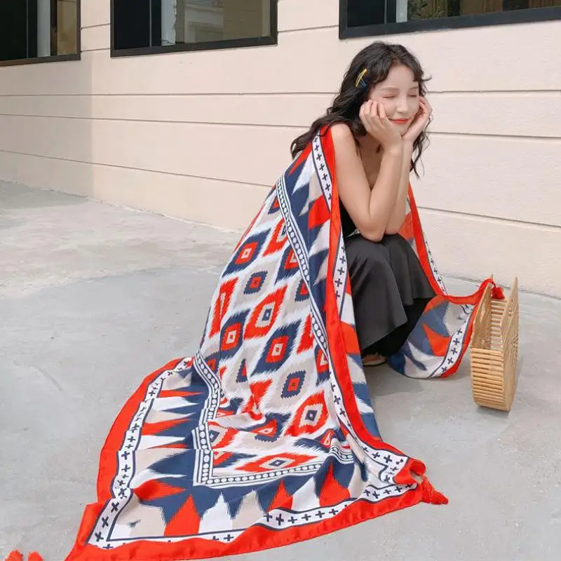 

Women's imitation silk scarf beach shawl spring summer autumn scarf plaid size beach shawl scarf for women