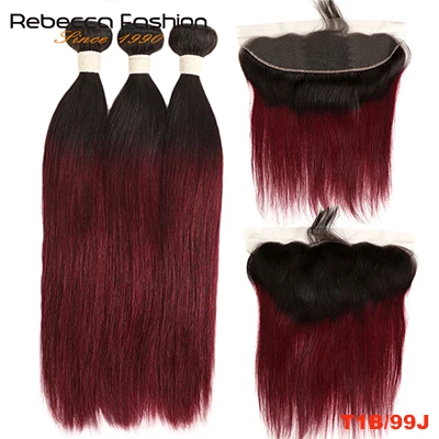 Rebecca Ombre пряди с фронтальной два тона 1B/99J 1B/27 1B/30 бразильские прямые волосы 3 4 пряди с фронтальной застежкой - Цвет: T1B/бордовый