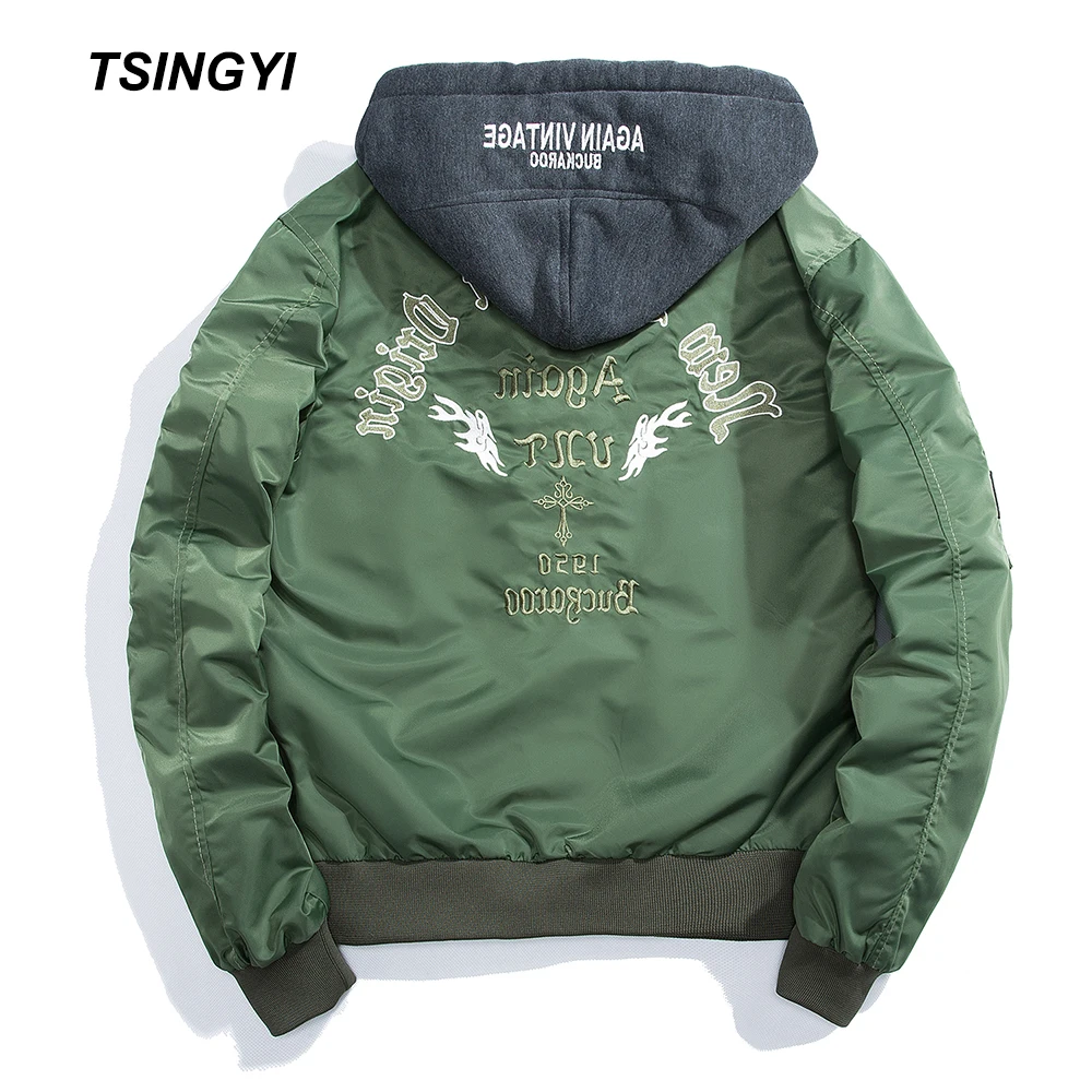 

Tsingyi Hooded Military Embroidery Letters Bomber Pilot Jacket Men Baseball Jackets Stand Collar Veste Militaire Homme Mens Coat