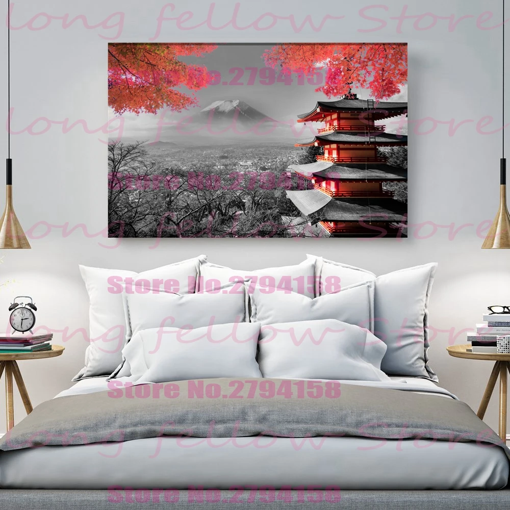Черный, белый, красный холст стены искусство картина Печать Fuji японский Храм в осенний плакат для столовой кухни настенный Декор Прямая поставка