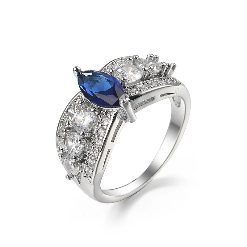 New Hot Fashion Luxury Dazzling Royal Blue Horse Eye Multi-drilled Shine Zircon Ring For Women Wedding Engagement Rings Gifts | Украшения и