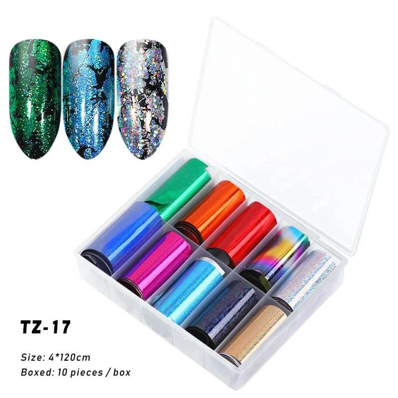 10 рулонов/набор голографические съемные стикеры для ногтей Фольга наклейки Звездное небо лазерные Цветы Микс Дизайн 4*120 см маникюр Дизайн ногтей Наклейка - Цвет: TZ-17