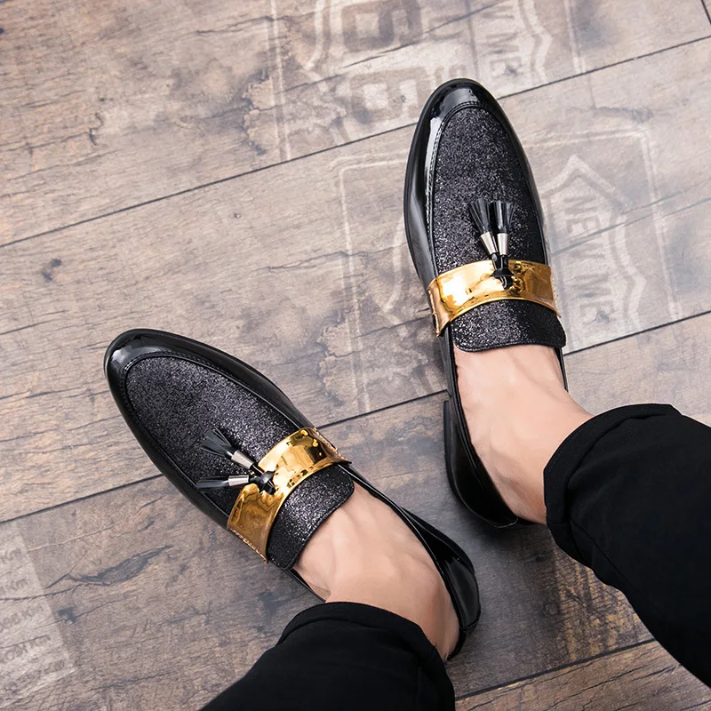 M-anxiu/, мужская деловая обувь из искусственной кожи на плоской подошве, черного и золотого цвета, повседневная мужская обувь, модельные туфли, новинка