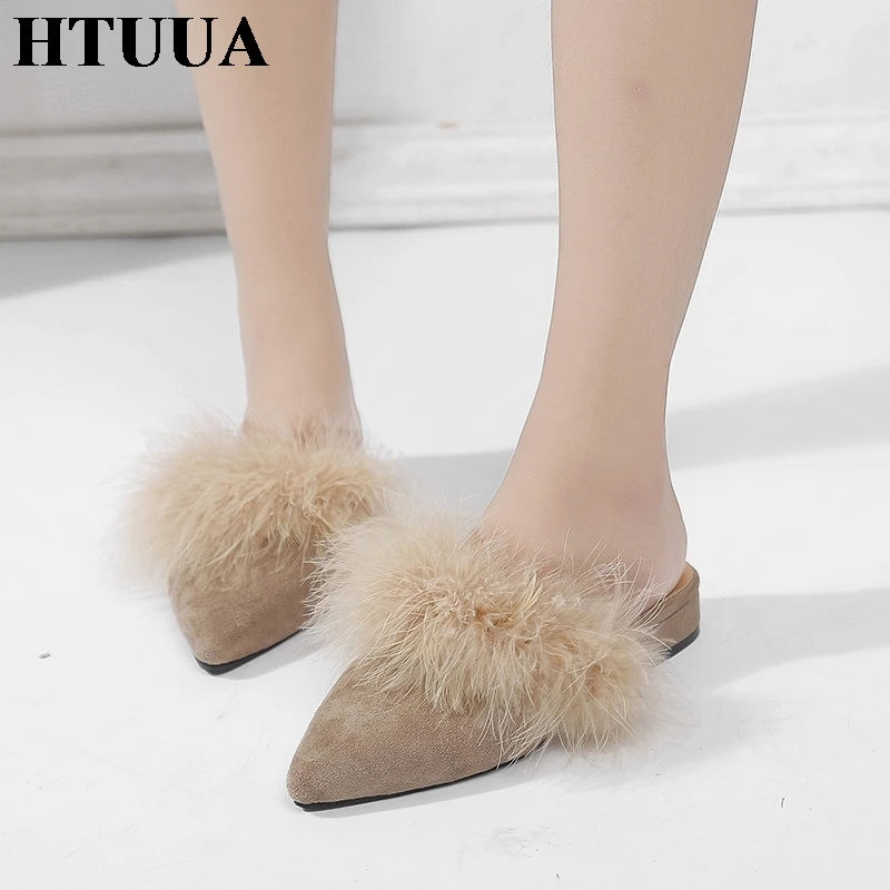 HTUUA/модные пушистые шлепанцы с искусственным мехом женские пикантные туфли без