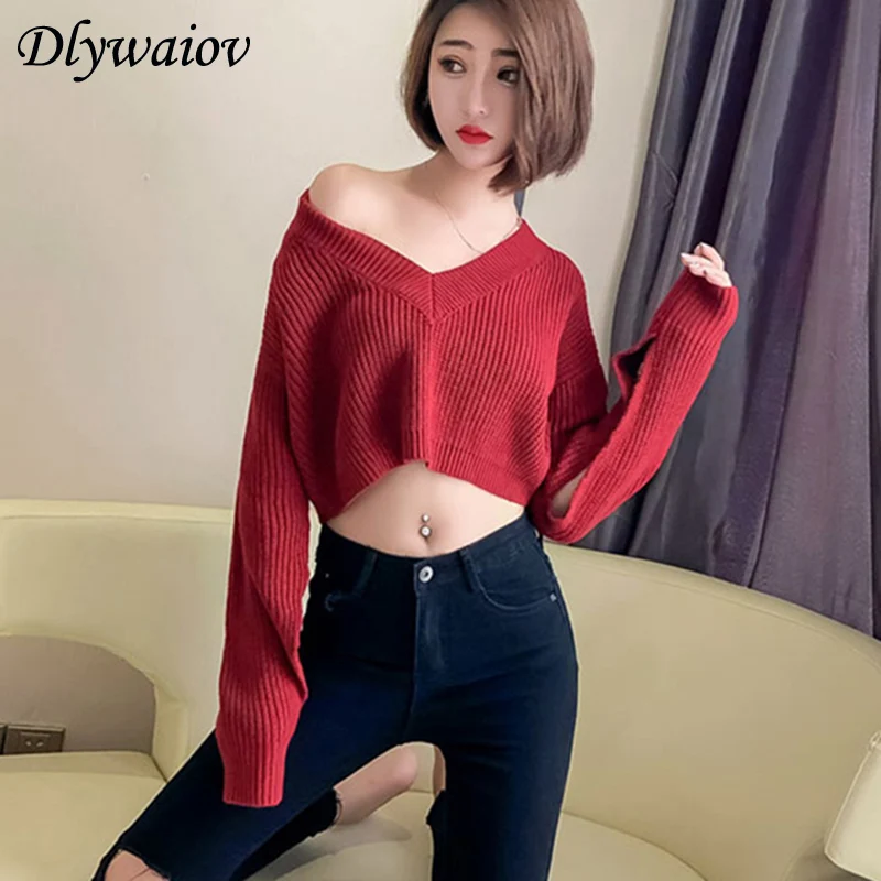 Sexy Top V-neck Pullover Sweater Female Back Single Row Button Fashion Casual Straight Knit Fall Winter Female Solid Color Tops