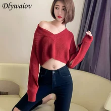 Sexy Top V-neck Pullover Sweater Female Back Single Row Button Fashion Casual Straight Knit Fall Winter Female Solid Color Tops