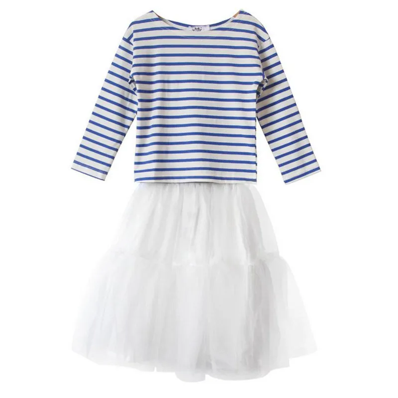 

DFXD 2018 Spring Kids Girls Clothes Set Cotton Long Sleeve Blue Striped Shirt+White Lace Tutu Skirt Teens Girls Clothing Set