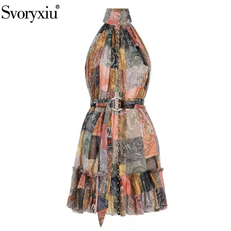 

Svoryxiu Holiday Style ~ Sexy Off Shoulder Ruffles Mini Dress Women's Vintage Printed Casual Beach Party Short Dresses Vestidos