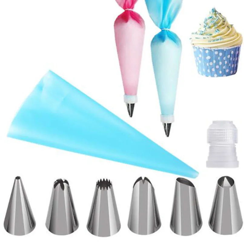 

8 PCS/Set Silicone Kitchen Accessories Icing Piping Cream Pastry Bag 6 Stainless Steel Nozzle Set DIY Cake Decorating Tips Set