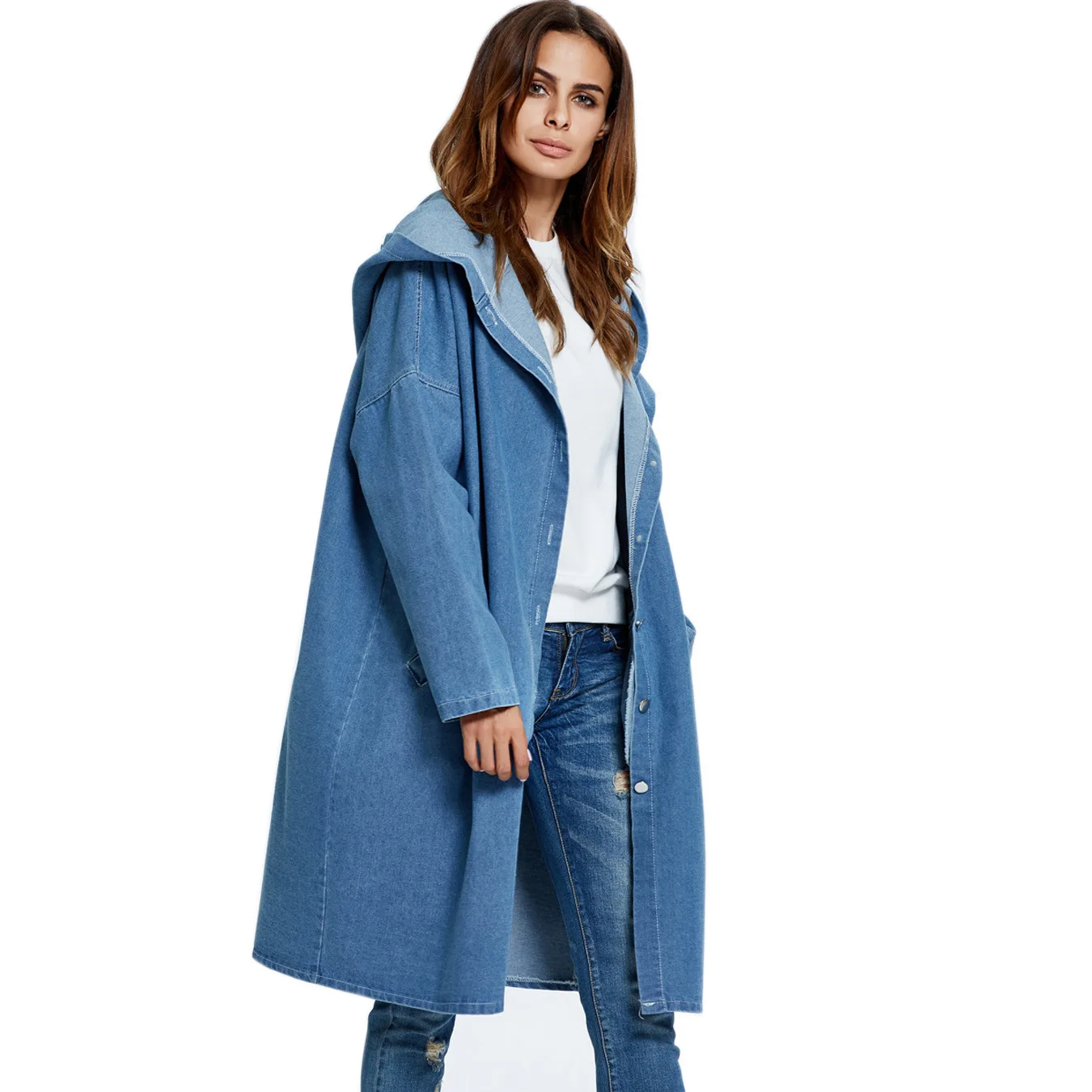 

women trench gothic coat spring 2019 hooded female long denim trench single breasted solid windbreaker plus size overcoat