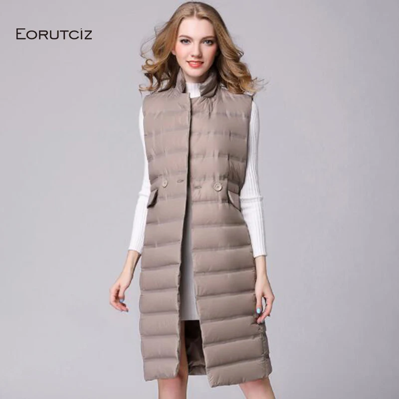 

EORUTCIZ Spring Long Vest Down Coat Women Ultra Light Jacket Vintage Slim Black Winter Casual Duck Down Waistcoat LM357