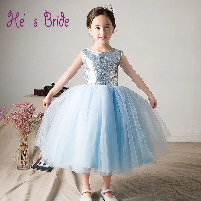 2017 Cheap Blue Flower Girl Dresses Princess Sleeveless Scoop Neck Tea