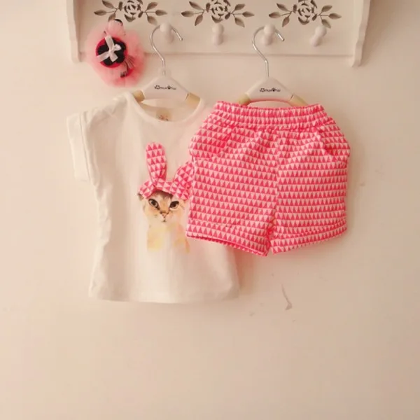 

Girl Summer Yellow/Pink Short Sleeve Animal Print Tops+Plaid Shorts Pants Cloth Set