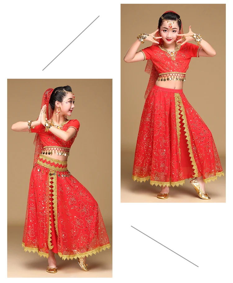 Детская Индийские танцевальные костюмы Дети танец живота Профессиональные Одежда для представлений для девочек Сценические костюмы для состязаний H4526
