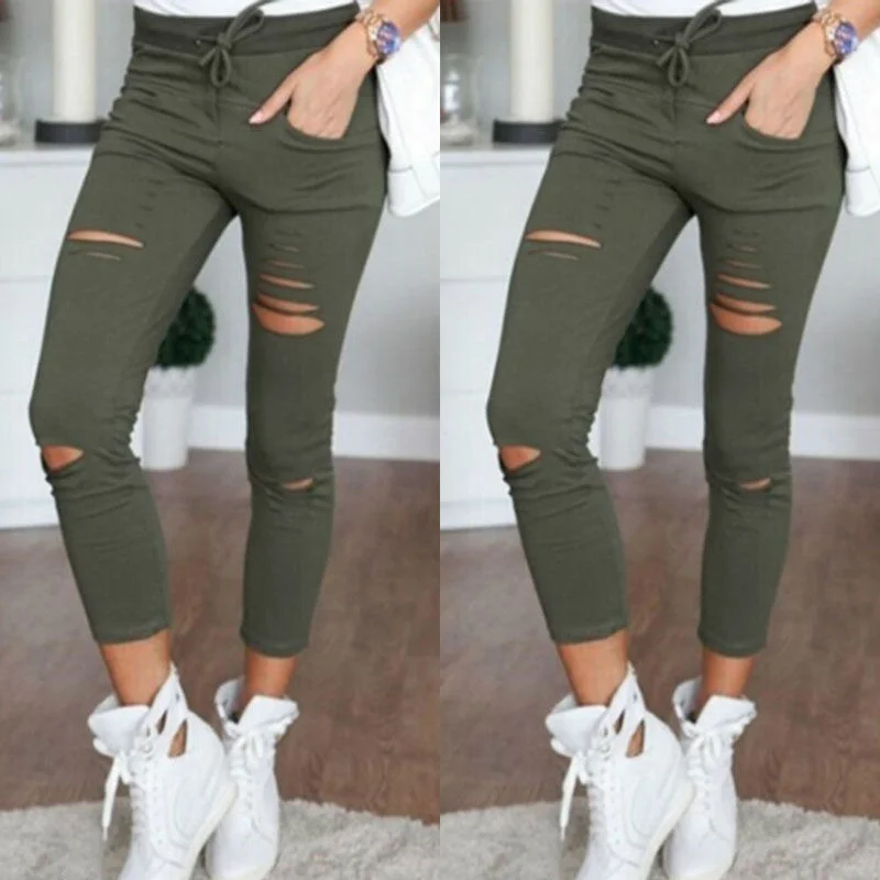 

Women Legging Cropped Pants Drawstring Slim High Waist Stretch Elastic Hole Pencil Trouser Plus Size TS95