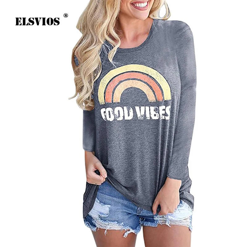 

ELSVIOS Women Autumn Rainbow Print T-shirt Casual Tee Shirt GOOD VIBES Letters Long Sleeve tshirt Female summer sleeveless Tops