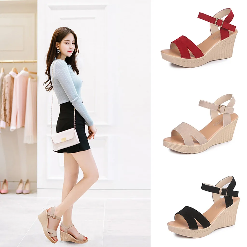 

Women's Buckle Shallow Mouth Casual Shoe High-Heel Wedge Heel Female Sandals Shallow Buckle Strap British Wind Wedge Heel