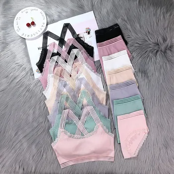 

Cotton Push Up Bras Traceless Panties Sets Wireless Removable Chest Pad Bra Briefs Set