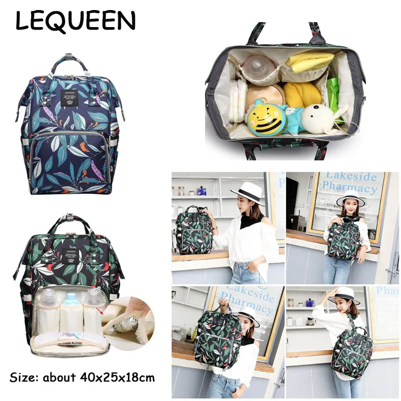 LEQUEEN Diaper Bag Plants Design Baby Care Large Capacity Mom Backpack Maternity Backpack Waterproof Nappy Bag Travel Stroller 