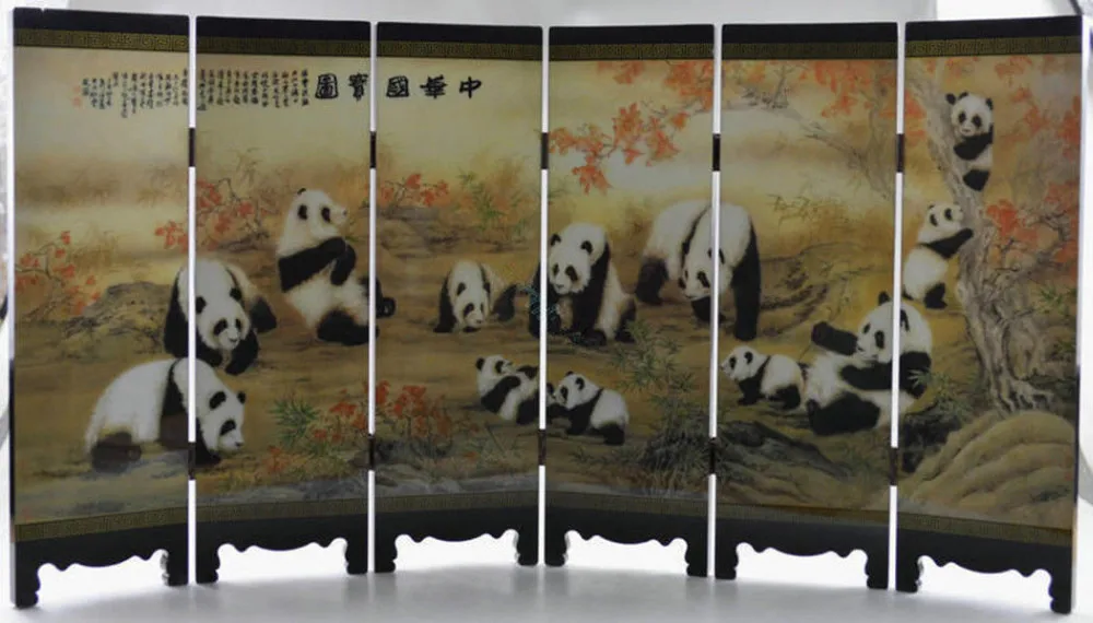 Ollectible Китай старый ручной работы Дерево роспись прекрасный панда складной экран