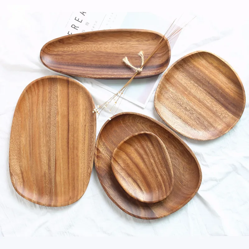 

Irregular Oval Solid Wood Pan Plate Fruit Dishes Saucer Tea Tray Dessert Dinner Plate Tableware Set