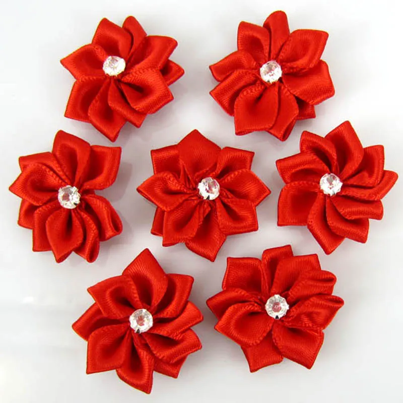 40Pcs Red Handmade Small Fabric Satin Flowers with Rhinestone Appliques