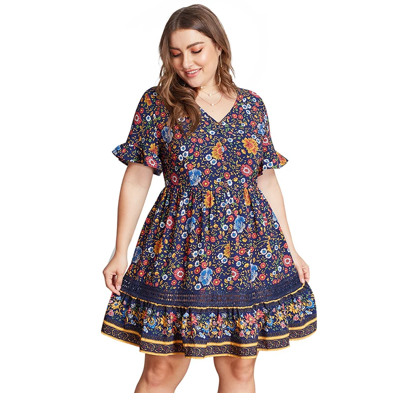 

WHZHM Plus Size 3XL 4XL Dress Femme Short Flare Sleeve Pink Flower Printed Deep V-Neck Hollow Out Lace Patchwork Dress Women