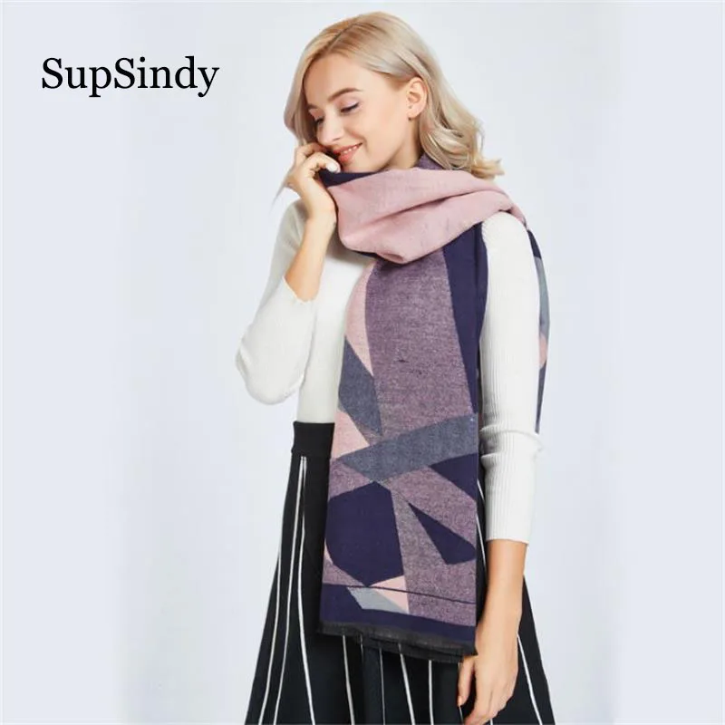 

SupSindy New Women Winter scarf Thick soft warm Cashmere wool scarf for women luxury brand fashion Geometric plaid Shawl Scarves