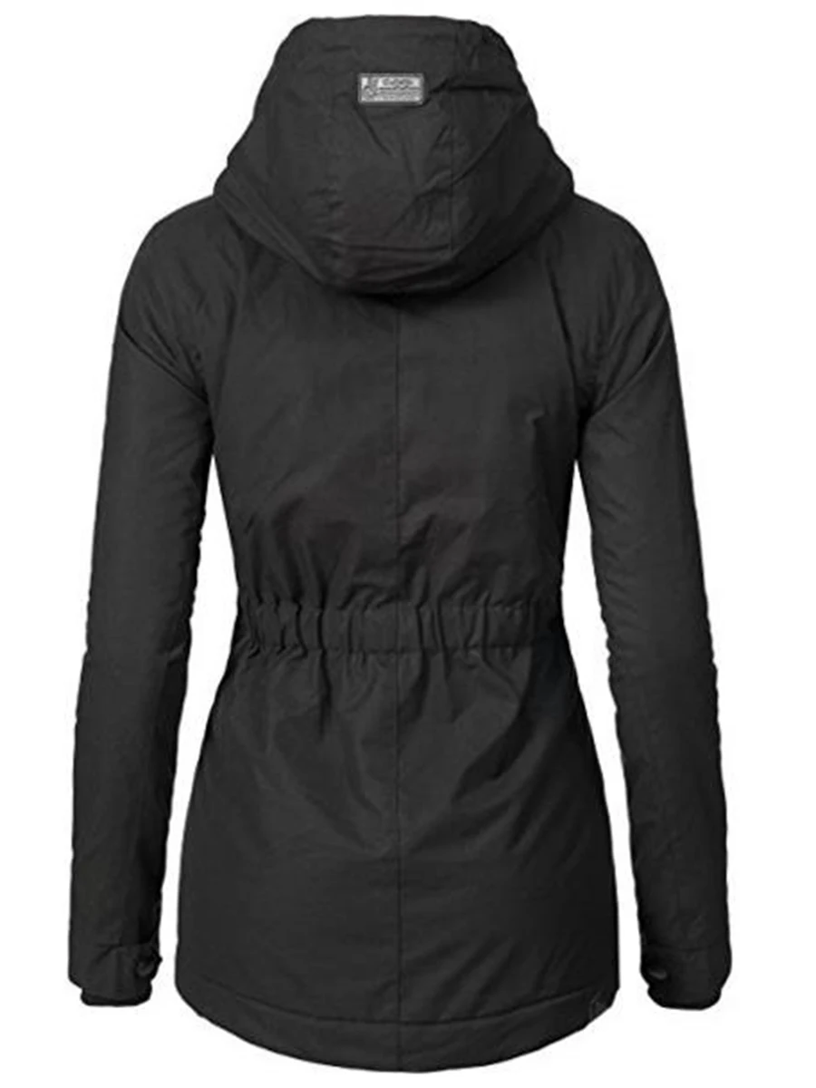Women Jackets Casual Winter Warm Simple Black Gothic Slim Hooded Zipper Pocket Solid Coats OL Ladies Female Fashion Overcoats