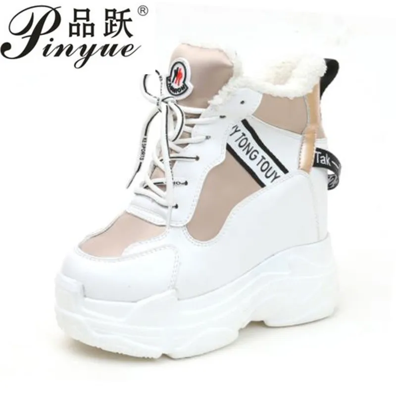 

2019 New Winter Women Ankle Boots 11CM Heels High Top Wedge Boots Warm Fur Platform Leather Sneakers Cotton Snow Boots For Woman