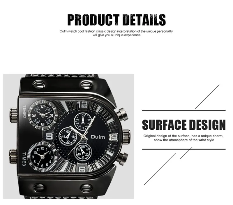 Oulm Men's Watches Mens Quartz Casual Leather Strap Wristwatch Sports Man Multi-Time Zone Military Male Watch Clock relogios