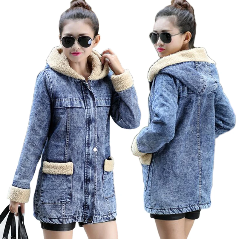 

Warm winter Wool lining women Bomber denim jacket 2019 New style European Female Jeans Coat high quality jaqueta feminina