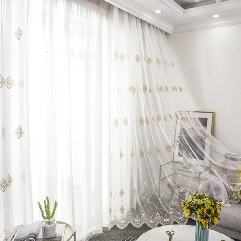 European Luxury Mesh Embroidered Curtain for Bedroom Delicate Sheer Fabric Window Cortina M068C