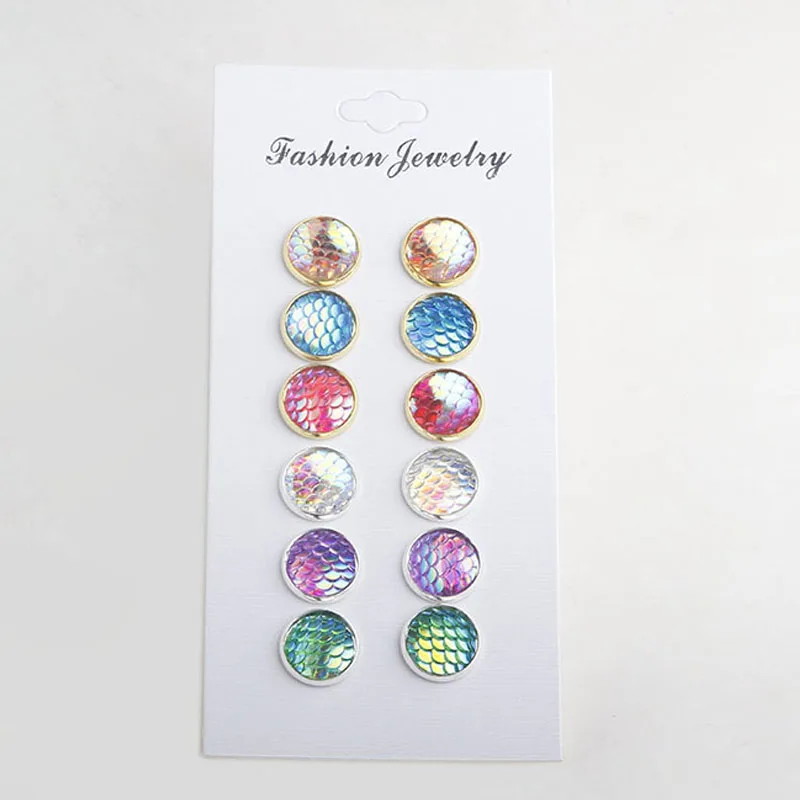 

6Pairs Copper Base Round Stud Earring Gifts Multi-Color Assorted Handcraft Fashion Fish Scale Earrings Simple Round Style