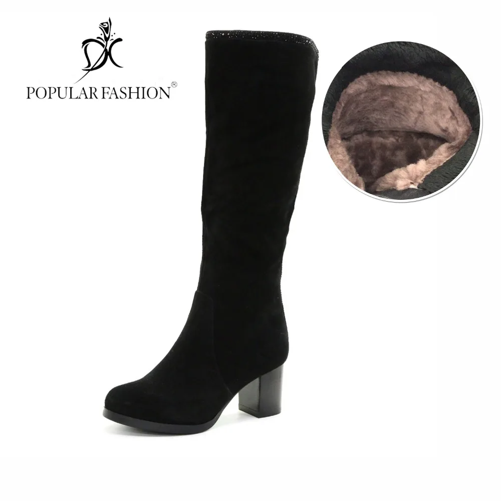 

POPULAR FASHION Crystal Winter Boots Women Sheep Suede Knee High Boots Female Warm Wool & Short Plush Shoes High Heel botas