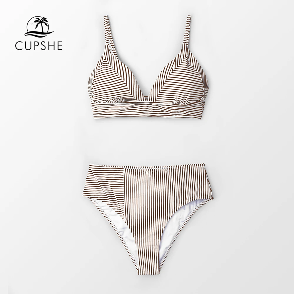 CUPSHE Sexy Brown And White Stripe Bikini Sets Women High Waist Two