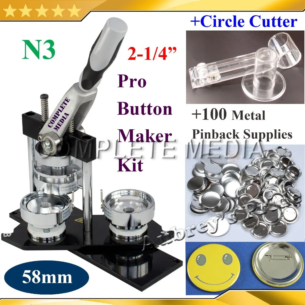 

NEW Professional N3 2-1/4":58mm Badge Button Maker Machine + Adjustable Circle Cutter+100 Set Metal Pinback Supply