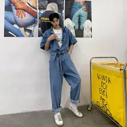Yifsion Mens Retro Jeans Denim Overalls Loose Trousers Half Sleeve With Belt Light Blue Safari Style Jumpsuit Yifsion Mens Retro Jeans Denim Overalls Loose Trousers Half Sleeve With Belt Light Blue Safari Style Jumpsuit