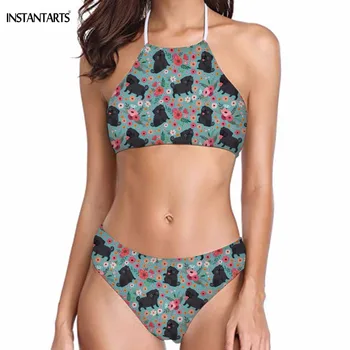

INSTANTARTS Cute 3D Black Pug Dog Print Womens High Neck Bikini Set Push Up Bandage Swimsuits Summer Beach Halter Bathing Suit